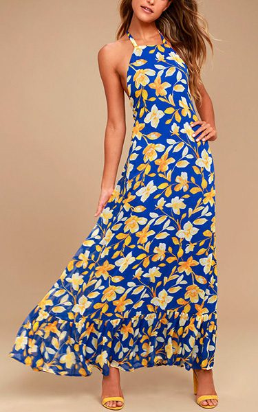 Meadow Meandering Yellow and Blue Floral Print Halter Maxi Dress - Best ...