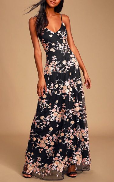 Glory and Glitz Black Floral Sequin Lace-Up Maxi Dress - Best Maxi Dress