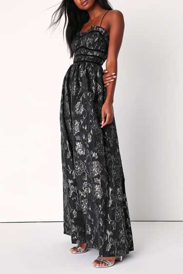 Sleek Shine Black and Silver Floral Jacquard Lace-Up Maxi Dress - Best